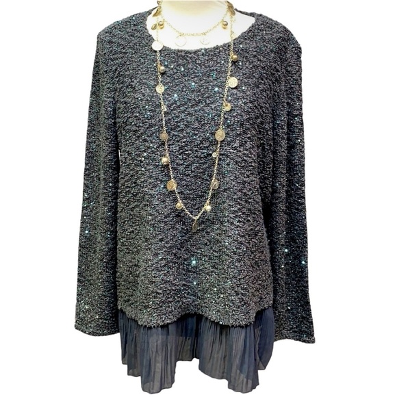 Alfani Gray Popcorn Stitch Sequins Sweater Flounce - Picture 2 of 5